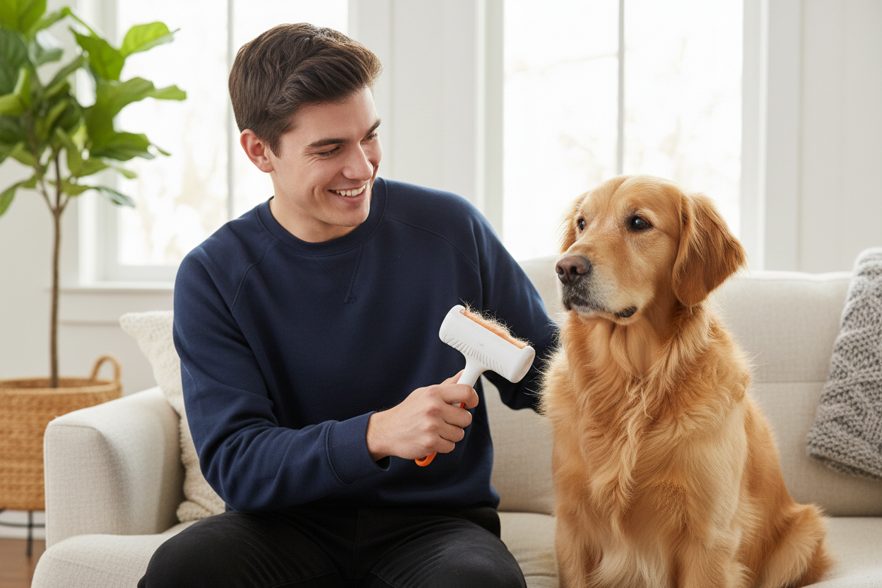 Pet owner using the Paws Glide 2-in-1 Pet Hair Removal Roller with a golden retriever